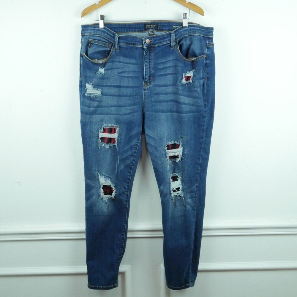 Judy Blue 3XL Jeans Skinny Fit Distressed Denim Plaid Contrast Grunge Western‎